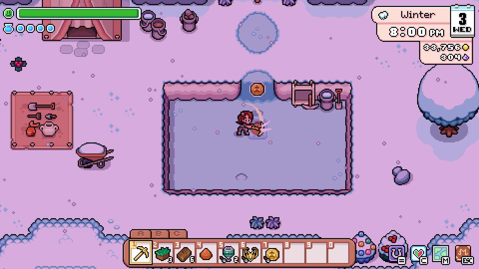 The player investigating an archaeology site during winter.